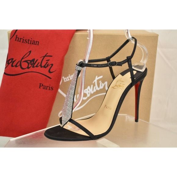 NIB LOUBOUTIN T CAB 100 BLACK CREPE SATIN JEWELED TIE ANKLE STRAP PUMPS 40.5 - Picture 11 of 12